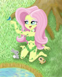 Size: 1390x1700 | Tagged: safe, artist:kittyprints91, fluttershy, bird, nymph, rabbit, equestria girls, animal, dryad, flutterdryad, grass, nature, open mouth, pond, sitting, solo, species swap, tree trunk, water