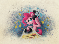 Size: 800x600 | Tagged: safe, artist:hewison, pinkie pie, earth pony, pony, headphones, music notes, solo, turntable