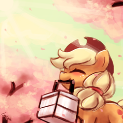 Size: 750x750 | Tagged: safe, artist:lumineko, applejack, earth pony, pony, bento, blushing, cherry blossoms, happy, mouth hold, solo