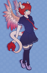 Size: 1150x1800 | Tagged: safe, artist:sverhnovapony, oc, oc:eri rebecula, anthro, clothes, dracaven, dragon tail, female, horns, school uniform, socks, solo, tail, thigh highs, wings, ych result, zettai ryouiki