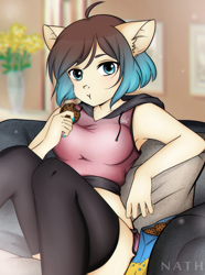 Size: 1723x2320 | Tagged: safe, artist:nath, oc, oc only, oc:mocha polo, anthro, earth pony, armpits, big ears, blue eyes, blue nail polish, clothes, cookie, eating, female, food, hoodie, looking at you, mare, midriff, nail polish, shorts, sitting, socks, sofa, solo, sporty style, tan, thigh highs, workout outfit, ych result