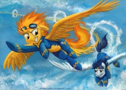 Size: 785x564 | Tagged: safe, artist:kenket, artist:spainfischer, derpibooru import, soarin', spitfire, female, flying, large wings, male, shipping, sky, soarinfire, straight, wonderbolts uniform