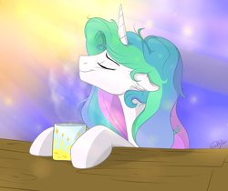 Size: 1280x1073 | Tagged: safe, artist:rutkotka, princess celestia, alicorn, pony, crepuscular rays, cup, eyes closed, missing accessory, morning ponies, signature, smiling, solo, tea