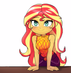 Size: 535x548 | Tagged: safe, artist:nairdags, sunset shimmer, better together, equestria girls, let it rain, arm boob squeeze, blushing, breasts, cute, female, shimmerbetes, simple background, smiling, solo, white background