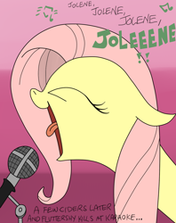 Size: 850x1075 | Tagged: safe, artist:andypriceart, artist:ced75, fluttershy, pegasus, pony, colored, dolly parton, jolene (song), microphone, singing, solo, song reference