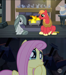 Size: 867x975 | Tagged: safe, screencap, big macintosh, fluttershy, marble pie, earth pony, pegasus, pony, castle mane-ia, hearthbreakers, crying, discovery family logo, female, fire, fireplace, fluttermac, heartbreak, hub logo, husbando thief, image macro, love triangle, male, marblemac, mare, meme, rock doll, sad, shipping, shipping denied, stallion, straight, weird rock