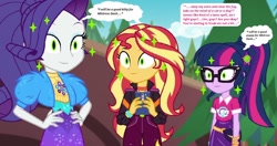 Size: 1190x628 | Tagged: safe, edit, edited screencap, editor:thomasfan45, screencap, rarity, sci-twi, sunset shimmer, twilight sparkle, better together, equestria girls, festival filters, 1000 hours in ms paint, cat eyes, cellphone, clothes, cute, dress, fanny pack, feral, geode of empathy, geode of shielding, geode of telekinesis, glasses, implied rainbow dash, jacket, magic, magical geodes, mental shift, mind control, mistress, music festival outfit, offscreen character, phone, ponytail, request, shirt, slit eyes, smartphone, smiling, speech bubble, spell, story included, thought bubble