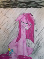 Size: 3216x4239 | Tagged: safe, artist:scribblepwn3, pinkie pie, earth pony, pony, crying, ink, pinkamena diane pie, sad, sitting, solo, traditional art, watercolor painting