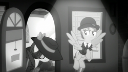 Size: 1920x1080 | Tagged: safe, derpibooru import, screencap, rainbow dash, rarity, pegasus, pony, unicorn, sparkle's seven, black and white, detective rarity, grayscale, investigator dash, monochrome