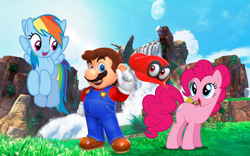 Size: 1408x880 | Tagged: safe, artist:dashiesparkle, artist:geonine, artist:vg805smashbros, derpibooru import, pinkie pie, rainbow dash, earth pony, human, pegasus, pony, barely pony related, cappy, cappy (mario), crossover, female, fossil falls, male, maridash, mario, mariopie, nintendo, shipping, super mario bros., super mario odyssey