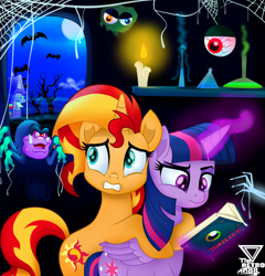 Size: 2500x2603 | Tagged: safe, artist:theretroart88, ahgg, sunset shimmer, twilight sparkle, twilight sparkle (alicorn), alicorn, pony, unicorn, book, candle, eye, levitation, magic, reading, scared, spider web, spider-man, telekinesis, tree