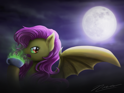 Size: 1024x768 | Tagged: safe, artist:novaintellus, fluttershy, bat pony, pony, flutterbat, green tea, moon, solo, tea