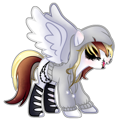 Size: 1368x1392 | Tagged: safe, artist:rukemon, oc, oc only, oc:raggy, demon, demon pony, original species, pegasus, black sclera, blank flank, clothes, coat markings, colored sclera, female, hoodie, mare, open mouth, simple background, socks, solo, stockings, thigh highs, torn clothes, transparent background