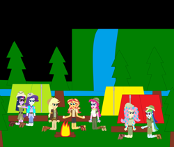 Size: 5784x4872 | Tagged: safe, artist:eli-j-brony, applejack, fluttershy, pinkie pie, rainbow dash, rarity, sci-twi, sunset shimmer, twilight sparkle, equestria girls, campfire, camping, clothes, explorer outfit, food, hat, humane five, humane seven, humane six, marshmallow, mushroom, pith helmet, tents, waterfall