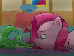 Size: 3333x2500 | Tagged: safe, artist:mrw32, gummy, pinkie pie, earth pony, pony, cute, duo, female, gummybetes, looking at each other, mare, party, pinkamena diane pie, prone, sad