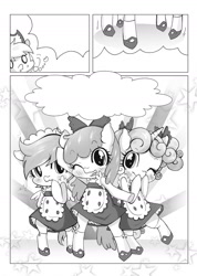 Size: 1000x1407 | Tagged: safe, artist:catseyeart, apple bloom, applejack, scootaloo, sweetie belle, earth pony, pony, semi-anthro, apron, bipedal, bow, clothes, cutie mark crusaders, dress, monochrome, pixiv, socks, textless