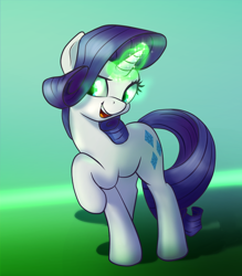 Size: 700x800 | Tagged: safe, artist:klemm, rarity, pony, unicorn, inspiration manifestation, atg 2017, female, glowing horn, green, inspirarity, mare, newbie artist training grounds, open mouth, possessed, raised hoof, simple background, smiling, solo