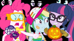 Size: 1280x720 | Tagged: safe, screencap, pinkie pie, rainbow dash, sci-twi, sunset shimmer, twilight sparkle, better together, equestria girls, my little shop of horrors, spring breakdown, unsolved selfie mysteries, equestria girls logo, halloween, holiday, jack-o-lantern, poor quality, pumpkin, youtube, youtube thumbnail