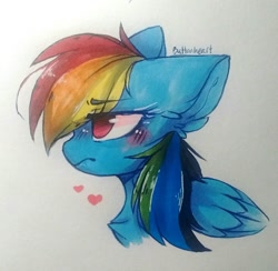 Size: 1280x1247 | Tagged: safe, artist:buttonheart, derpibooru import, rainbow dash, pegasus, pony, blushing, bust, chest fluff, cute, dashabetes, ear fluff, heart, marker drawing, no pupils, portrait, profile, simple background, solo, traditional art, white background