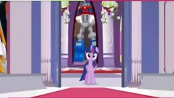 Size: 389x221 | Tagged: safe, derpibooru import, screencap, twilight sparkle, twilight sparkle (alicorn), alicorn, pony, twilight's kingdom, female, mare, official, optimus prime, the hub, transformers