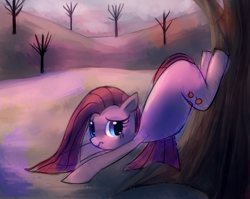 Size: 1280x1017 | Tagged: safe, artist:cherivinca, pinkie pie, earth pony, pony, magical mystery cure, broken leg, incorrect leg anatomy, pinkamena diane pie, sad, scene interpretation, solo, swapped cutie marks, tree