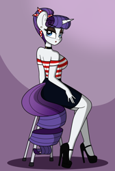 Size: 800x1189 | Tagged: safe, artist:sweetfilthyfun, rarity, anthro, plantigrade anthro, beautiful, choker, clothes, ear piercing, earring, headband, high heels, jewelry, legs, looking at you, looking back, makeup, piercing, pinup, rockabilly, shoes, skirt, solo