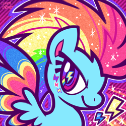 Size: 500x500 | Tagged: safe, artist:crayon-chewer, derpibooru import, part of a set, rainbow dash, pegasus, pony, twilight's kingdom, bust, cute, cutie mark eyes, dashabetes, groovy, icon, lightning, portrait, rainbow power, solo, wingding eyes