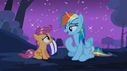 Size: 1357x762 | Tagged: safe, artist:xrainbowicecreamx, derpibooru import, rainbow dash, scootaloo, pegasus, pony, sleepless in ponyville, cute, cutealoo, dashabetes, duo, duo female, female, filly, helmet, lidded eyes, looking at each other, mare, night, remake, sitting, sky, smiling, stars