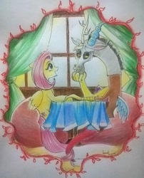 Size: 777x960 | Tagged: safe, artist:kitsumiro, discord, fluttershy, pegasus, pony, date, discoshy, female, male, shipping, straight, traditional art