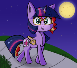 Size: 2340x2068 | Tagged: safe, artist:artiks, sunset shimmer, twilight sparkle, twilight sparkle (alicorn), alicorn, pony, unicorn, alicorn costume, clothes, costume, fake horn, fake wings, female, full moon, halloween, halloween costume, holiday, mare, moon, pony costume, solo, twilight sparkle costume, twilight wig