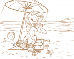 Size: 1800x1440 | Tagged: safe, artist:zetamad, rarity, pony, unicorn, beach, beach ball, female, mare, monochrome, solo, sunblock, umbrella