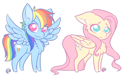 Size: 1280x787 | Tagged: safe, artist:erkythehero23, derpibooru import, fluttershy, rainbow dash, pegasus, pony, cheek fluff, chest fluff, cute, dashabetes, duo, ear fluff, female, mare, no pupils, shyabetes, simple background, spread wings, transparent background, wings