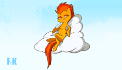 Size: 3515x2007 | Tagged: safe, artist:fluttershythekind, derpibooru import, spitfire, pegasus, pony, belly button, cloud, female, grin, hooves, lying on a cloud, mare, on a cloud, pinup, sexy, smiling, solo, stupid sexy spitfire, wings