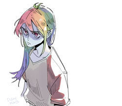 Size: 1121x968 | Tagged: safe, artist:dusty-munji, derpibooru import, rainbow dash, human, equestria girls, alternate hairstyle, clothes, female, shirt, simple background, solo, white background