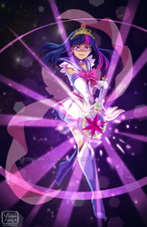 Size: 582x900 | Tagged: safe, artist:youkaiyume, derpibooru import, twilight sparkle, human, anime, big crown thingy, humanized, magic, magical girl, sailor moon, sailor scout, sailor twilight, sailor uniform, solo, uniform, wand