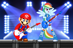 Size: 1928x1284 | Tagged: safe, artist:sigmastarlight, artist:vg805smashbros, derpibooru import, rainbow dash, human, equestria girls, rainbow rocks, air guitar, barely eqg related, concert, crossover, electric guitar, guitar, light, maridash, mario, musical instrument, nintendo, pegasus wings, ponied up, pony ears, rock and roll, rock concert, rock on, stage, stage light, wings