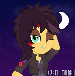 Size: 2152x2176 | Tagged: safe, artist:cyber-murph, sunset shimmer, vampire, better together, choose your own ending, costume conundrum, costume conundrum: sunset shimmer, equestria girls, bedroom eyes, bust, cute, eyeshadow, fangs, high res, makeup, moon, one eye closed, signature, solo, vampire shimmer, wig, wink