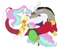 Size: 4960x3508 | Tagged: safe, artist:miyathegoldenflower, discord, princess celestia, alicorn, draconequus, pony, semi-anthro, absurd resolution, clothes, dislestia, dress, female, jacket, male, shipping, simple background, straight, transparent background