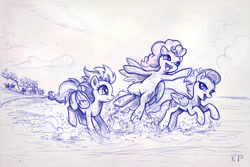 Size: 1500x1000 | Tagged: safe, artist:kp-shadowsquirrel, derpibooru import, fleetfoot, spitfire, surprise, armpits, ballpoint pen, beach, monochrome, sketch, traditional art, wonderbolts