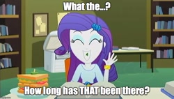 Size: 880x500 | Tagged: safe, edit, edited screencap, screencap, rarity, epic fails (equestria girls), eqg summertime shorts, equestria girls, grin, image macro, meme, smiling, solo, spinach, teeth, the emperor's new groove, yzma