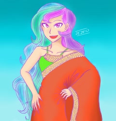 Size: 1390x1446 | Tagged: safe, artist:dragonemperror2810, princess celestia, human, beautiful, clothes, gradient background, humanized, sari, solo