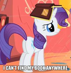 Size: 567x582 | Tagged: safe, edit, edited screencap, screencap, rarity, pony, unicorn, look before you sleep, book, book hat, cropped, cute, image macro, meme, plot, rarara, raribetes, silly, silly pony, solo