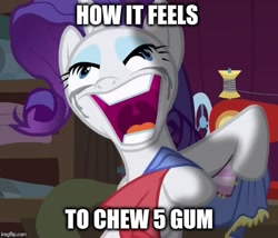 Size: 585x500 | Tagged: safe, edit, edited screencap, screencap, rarity, pony, unicorn, fame and misfortune, 5 gum, caption, crying, faic, female, image macro, insanity, mare, meme, rarisnap, solo