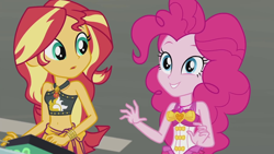 Size: 1920x1080 | Tagged: safe, screencap, pinkie pie, sunset shimmer, equestria girls, equestria girls series, x marks the spot, belly button, bikini, bracelet, clothes, cute, diapinkes, duo, duo female, female, geode of empathy, geode of sugar bombs, jewelry, magical geodes, midriff, sarong, shimmerbetes, sleeveless, smiling, swimsuit