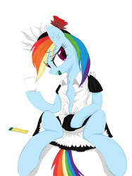 Size: 1438x1920 | Tagged: safe, artist:blueone, derpibooru import, rainbow dash, pegasus, pony, clothes, cup, female, flower, looking at you, maid, maid headdress, mare, shirt, skirt, solo, underwear, upskirt, white underwear