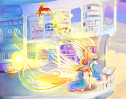 Size: 2100x1650 | Tagged: safe, artist:viwrastupr, philomena, princess celestia, raven, alicorn, phoenix, pony, balcony, beautiful, book, bright, cloud, crown, curved horn, cutie mark, epic wings, ethereal mane, female, flowing mane, flying, glowing horn, jewelry, large wings, lidded eyes, magic, majestic, mare, master and pet, multicolored mane, multicolored tail, pet, powerful, reading, regalia, scenery, smiling, sparkles, telekinesis, tiara