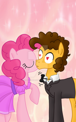 Size: 600x960 | Tagged: safe, artist:kunoichipikachu, cheese sandwich, pinkie pie, earth pony, pony, abstract background, bowtie, cheesepie, clothes, dress, female, kissing, love, male, mare, shipping, stallion, straight, watermark