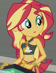 Size: 825x1080 | Tagged: safe, screencap, sunset shimmer, equestria girls, equestria girls series, x marks the spot, belly button, bikini, bracelet, clothes, cropped, cute, female, geode of empathy, jewelry, magical geodes, midriff, sarong, shimmerbetes, sleeveless, solo, swimsuit