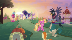 Size: 1920x1080 | Tagged: safe, derpibooru import, edit, edited screencap, screencap, applejack, fluttershy, gallop j. fry, georgia (character), luster dawn, pinkie pie, princess twilight 2.0, rainbow dash, rarity, spike, twilight sparkle, twilight sparkle (alicorn), alicorn, dragon, earth pony, griffon, kirin, pegasus, pony, unicorn, yak, the last problem, barn, cape, castle, clothes, ethereal mane, eyes closed, flower, flower in hair, gigachad spike, granny smith's scarf, jacket, lens flare, lidded eyes, mane seven, mane six, nose piercing, nose ring, older, older applejack, older fluttershy, older gallop j. fry, older pinkie pie, older rainbow dash, older rarity, older spike, older twilight, out of context, piercing, ponyville, quadrupedal, removed eyebag edit, river song (character), smiling, sunset, sweet apple acres, waving, winged spike, yelena