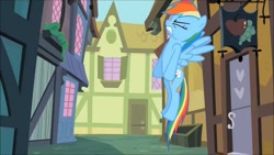 Size: 1280x720 | Tagged: safe, derpibooru import, screencap, rainbow dash, pegasus, pony, building